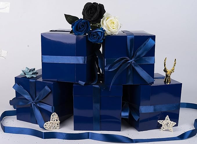 Jaywayang 5 Pack Blue Gift Boxes with Lids, Ribbons and Tissue Papers Square Gift Boxes - 7.1 Inch - Birthday, Wedding, Presents Wrapping, Father's Day, Valentine's Day Decoration Party Favor Boxes.
