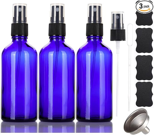 3.4 oz Glass Blue Spray Bottles,Small Empty Fine Mist Refillable Travel Spray Bottle for Cleaning,Perfume,Aromatherapy,Cosmetic Sprays,Hair,Essential Oils with Fine Mist Dispenser（3 Pack）
