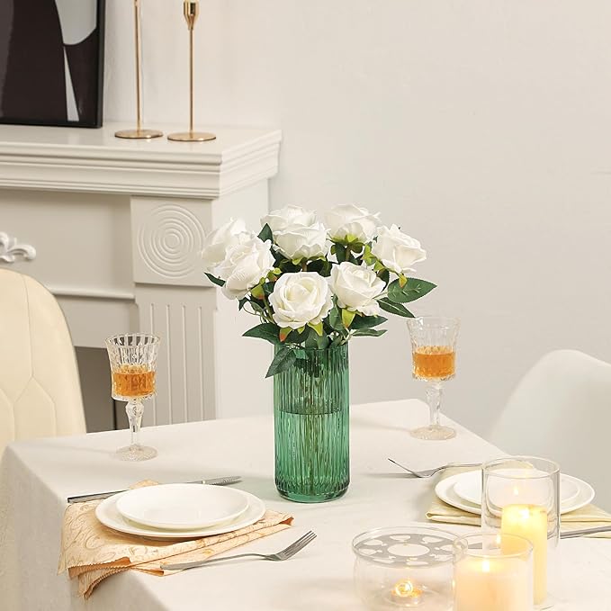 Ribbed Green Glass Vase - 8 Inch Modern Ribbed Vase for Flowers, Living Room, Bathroom, Dining Table, Office, Wedding, Centerpieces