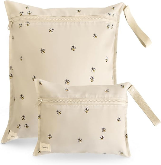 mushie Water Resistant Wet Bags | Large & Small Reusable Storage Bag for Baby Items and Travel | Zippered Pockets with Handle | Machine Washable, Set of 2 (Bees)