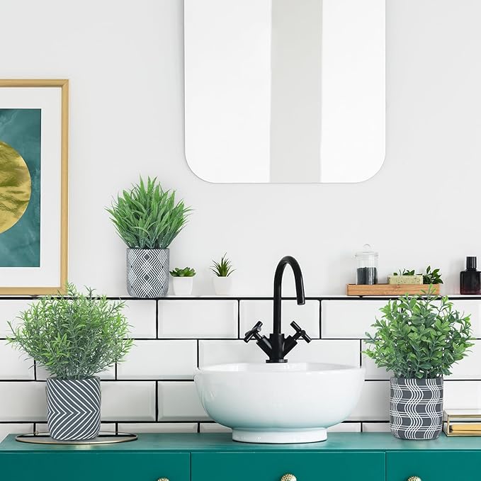 3 Pack Small Fake Plants, Fake Grass Plant, Artificial Boxwood & Rosemary with Geometric Pattern Cement Pots, Small Potted Faux Greenery for Home Decor, Bathroom, Office, Farmhouse Decoration