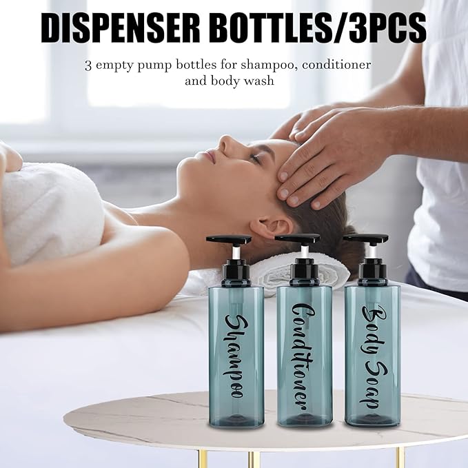 16.9oz Refillable Shower Soap Dispenser with Pump - 3 Chamber No Drill for Shampoo, Conditioner & Body Wash, Blue Clear Plastic Bottle Dispenser, Bathroom Organizer with 6 Waterproof Labels