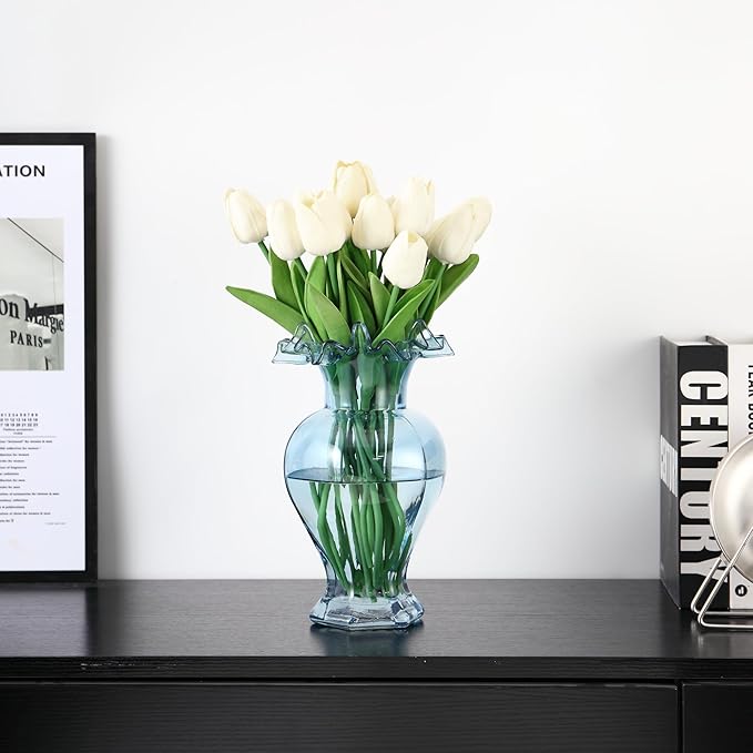 Large Glass Vase, Blue Vase for Flowers, Flower Vases for Bouquet, Glass Flower Vases for Living Room, Dining Table, Shelf, Wedding, Office, Coffee Table, 9.5 Inches