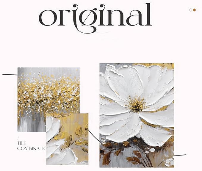 Hand-Painted Floral Canvas Oil Painting for Living Room,Framed 3D Gold and White Abstract Wall Art for Bedroom, Large 3 Pieces Flowerl Wall Painting for Office Kitchen Bathroom Home Decor 24x64 inches