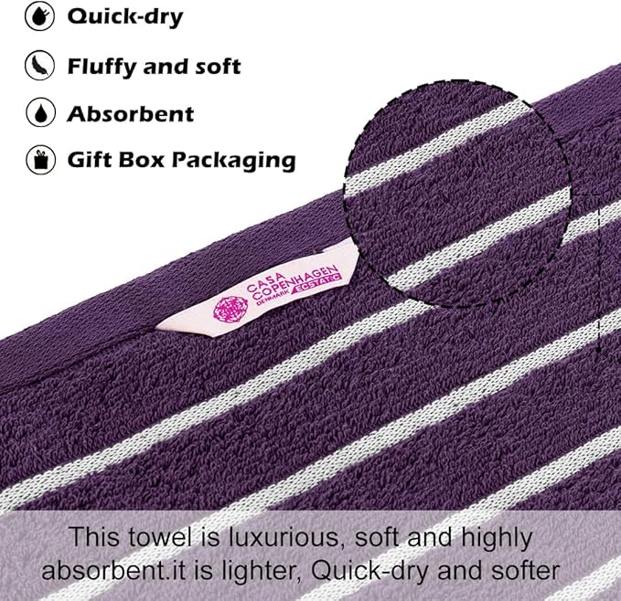 CASA COPENHAGEN Ecstatic 6 Pieces Towel Set- Dark Purple, 600 GSM 2 Bath Towel 2 Hand Towel 2 Washcloth, Designed in Denmark Made of Soft Egyptian Cotton for Bathroom, Kitchen & Shower