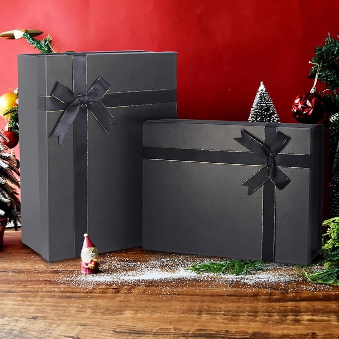 Giftilious Large Gift Boxes, 13"x10"x5" Black Gift Boxes 2 Pack Sturdy Gift Box with Lids for Presents, Gift Wrap Boxes for Birthdays, Groomsmen Proposal,Anniversaries, etc