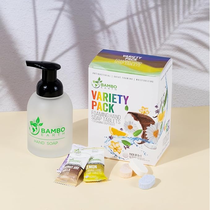 18 Pack Natural Foaming Hand Soap Tablets - Soft Moisturizing Handwash Tab Refills - 1 Tablet = 9 Oz Refillable Liquid Wash Foam Handsoap - Eco-Friendly Paper Softsoap Refill Tabs (Dispenser + 6 Tabs)