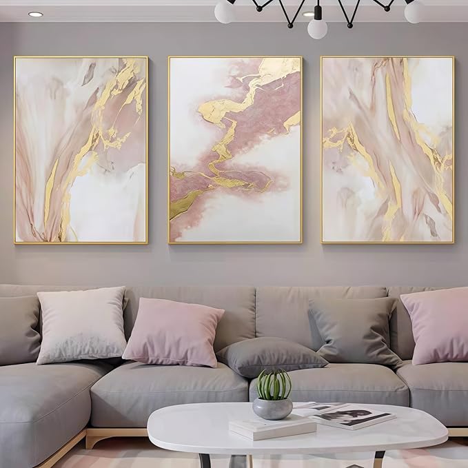 Pink Abstract Canvas Wall Art For Living Room, Large Gold Abstract Painting Water Flow Shape For Bedroom, Framed Modern Wall Pictures for Home Decor Ready to Hang 28x60 inches