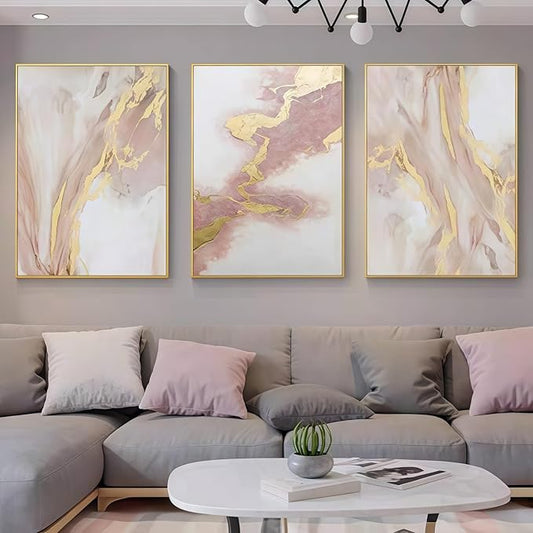 Pink Abstract Canvas Wall Art For Living Room, Large Gold Abstract Painting Water Flow Shape For Bedroom, Framed Modern Wall Pictures for Home Decor Ready to Hang 28x60 inches
