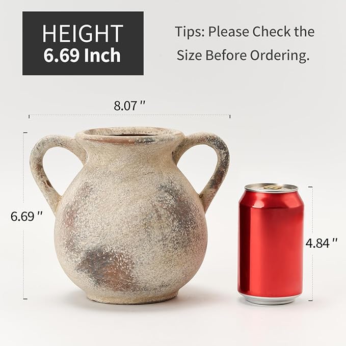 LUKA Antique Ceramic Vase with 2 Handle, 6.7 inches Rustic Vase Minimalist Decor, Decorative Vases for Home Decor, Table, Living Room, Shelf, Christmas Decoration(Small,Gray)