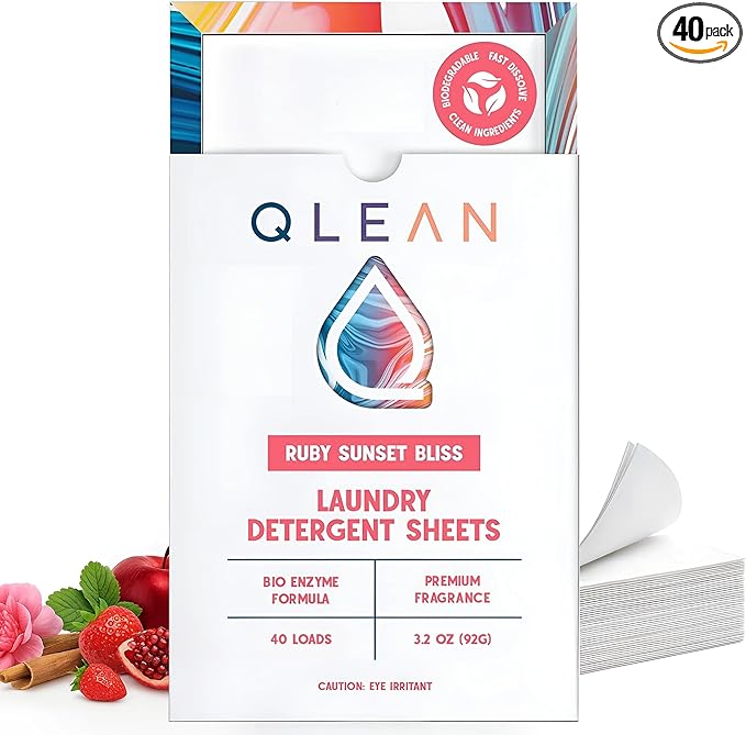 QLEAN Laundry Detergent Sheets (Travel Size 40 Loads) – Travel Laundry Detergent Sheets, Eco-Friendly Laundry Soap, HE & Standard Washer Safe, Stain Remover, Skin-Friendly - Ruby Sunset Bliss