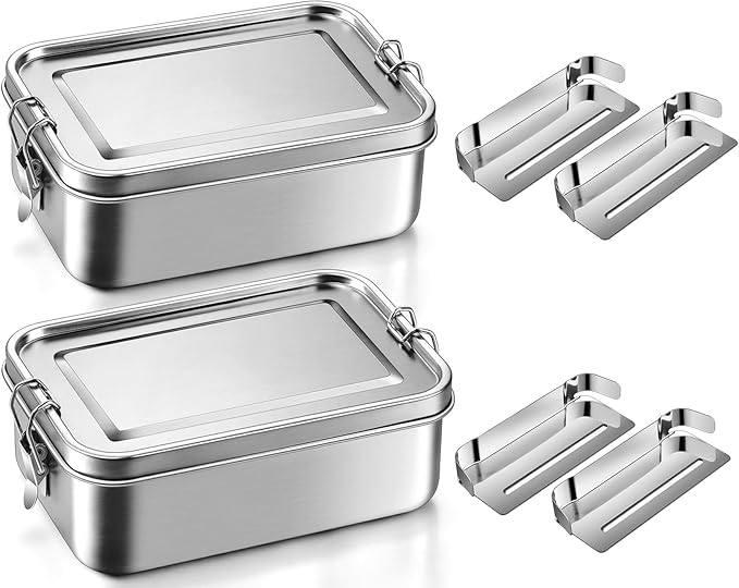 Leonyo 2 Pack 47oz 18/10 Stainless Steel Lunch Box, 1400ml Metal Bento Box for Adults with 2 Dividers, Leak-Proof Bento Snack Containers for Women Man, Dishwasher Safe, Oven Safe Except for Lid