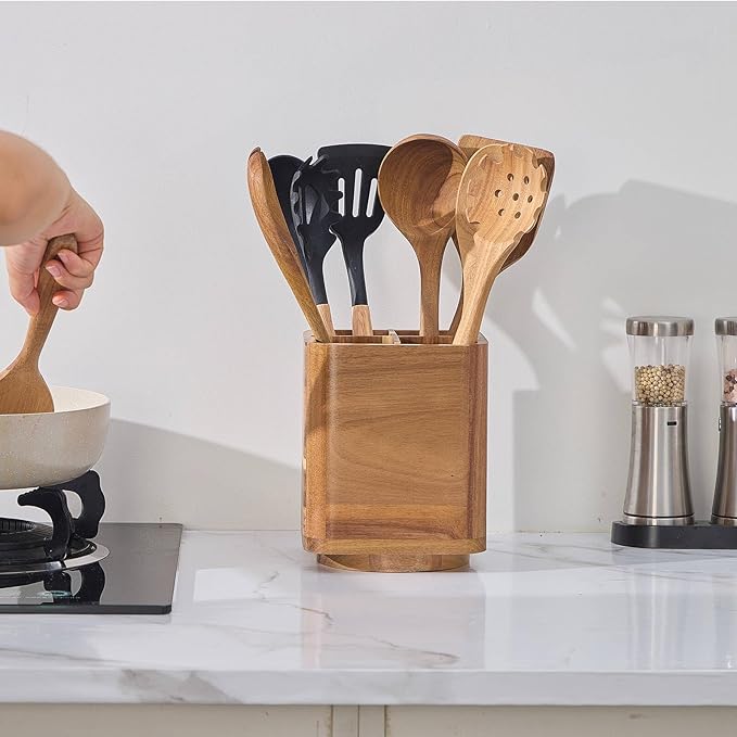 Wood Utensil Holder for Kitchen Counter, 360° Rotating Kitchen Utensil Holder, 7.2"x 6" Large Acacia Cooking Utensil Crock for Countertop (SQUARE)