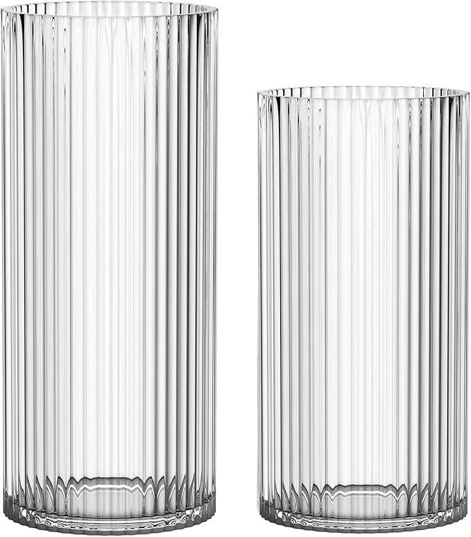 Clear Glass Vases, Glass Flower Vases Set of 2, Ribbed Glass Vases, Clear Vase, Tall Cylinder Vase for Centerpieces, Living Room, Bedroom, Dining Table, Office, Wedding, Bookshelf