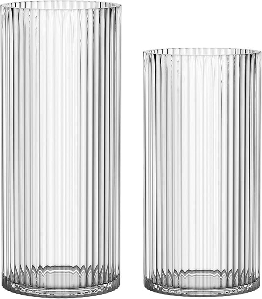 Clear Glass Vases, Glass Flower Vases Set of 2, Ribbed Glass Vases, Clear Vase, Tall Cylinder Vase for Centerpieces, Living Room, Bedroom, Dining Table, Office, Wedding, Bookshelf