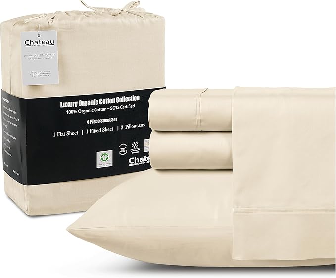 Queen Sheet Set - 300TC Organic Cotton Bedding Sheets & Pillowcases - Soft, Durable and Luxurious 4PC Sateen Weave Ivory Bed Sheets for Queen Size Bed, No Pill & Shrink Thick Machine Washable