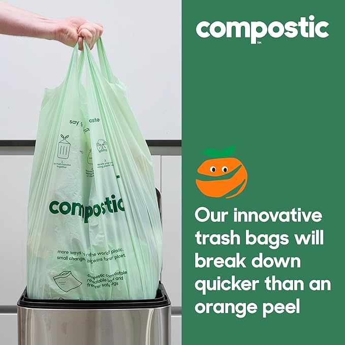 Compostic Home Compostable Trash Bags, 3 Gallon Small Kitchen Rubbish Bags (17” x 17.7”), Extra Strong & Quickly Breaks Down, 50 Count