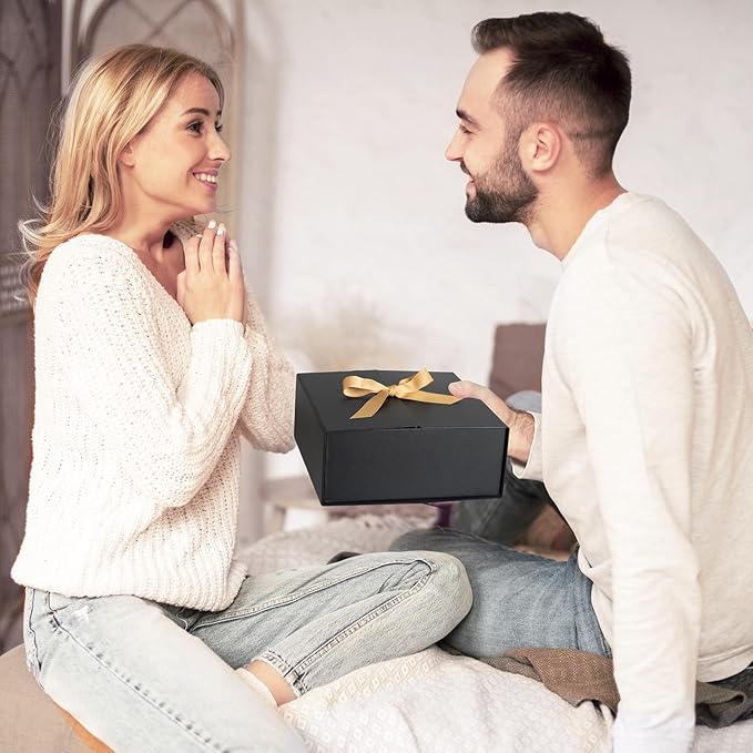 7x7x3 Inch Gift Boxes with Lids, Small Black Gift Box with Ribbon Card Fancy Gift Wrap Boxes for Festival Anniversary Groomsmen Proposal Weddings Boyfriend Father's Day