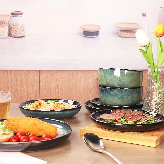 Ceramic Dinnerware Set(16 pcs) Serve 4 people, Plates & Bowls Sets, Reactive Glaze Dishes Set, Chip Resistant and Scratch Resistant, Dishwasher, Microwave Safe, Suitable for dinner, party