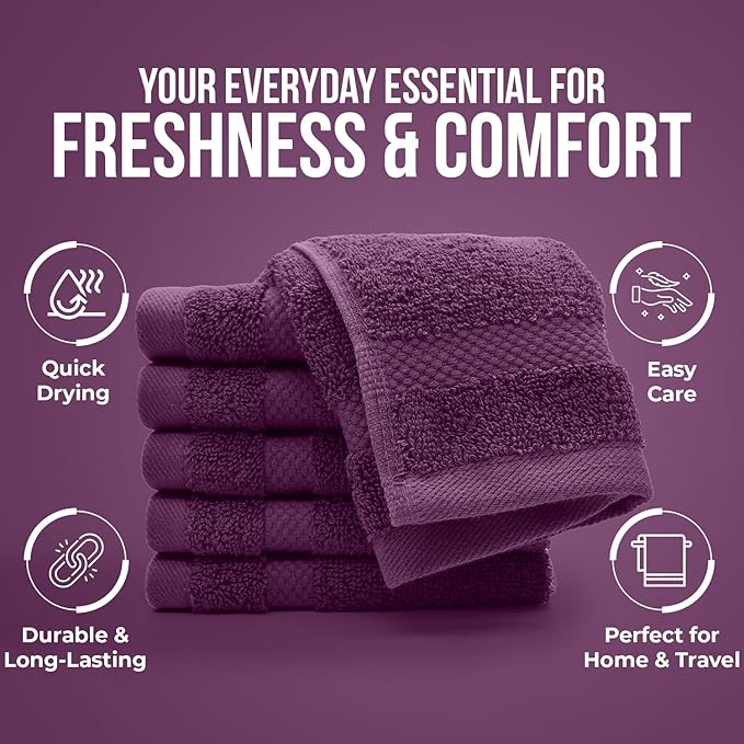 DAN RIVER 12-Pack Premium 100% Cotton Purple Passion Face Towels – Reusable Face Towel Set, Soft & Absorbent Rags for Bathroom & Body – Hand and Face Towels, 550 GSM (12x12 in)