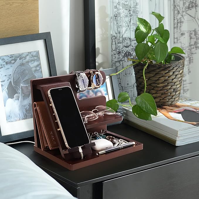 Personalized Wood Phone Docking Station For Dad-Best Dad Ever-Key Holder Wallet Stand Watch Organizer Dad Gifts Birthday Nightstand Fathers Day Christmas Travel Idea Gadgets To Dad From Daughter Son