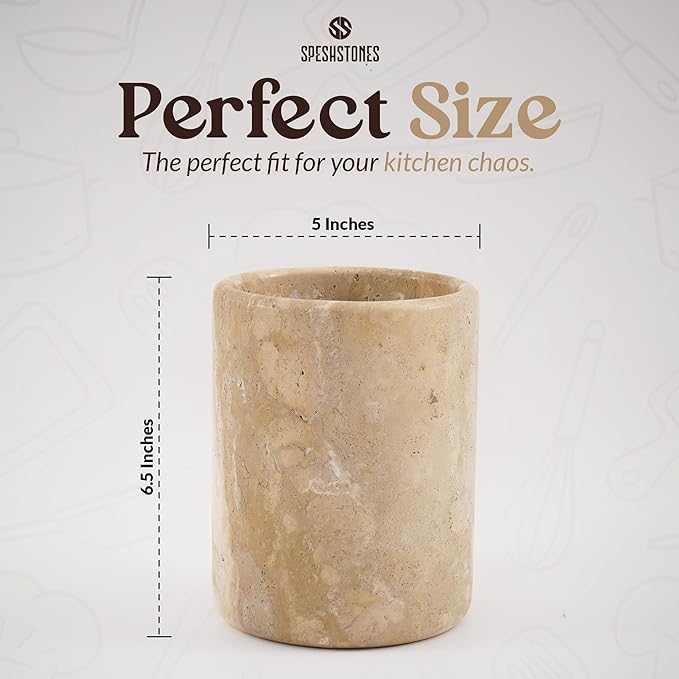 Marble Utensil Holder 6.5 Inch Wooden Cooking Utensils Set & Spatula Organizer for Kitchen Counter Decor - Travertine Utensil Crock & Stone Caddy for Spoon Holder & Modern Farmhouse Decor