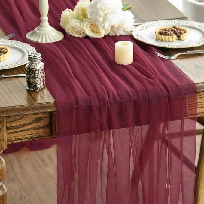 Artoid Mode 6PCS Burgundy Gauze Table Runner 120 Inch 10FT, Seasonal Sheer Kitchen Dining Holiday Wedding Birthday Baby Shower Table Decor for Home Party