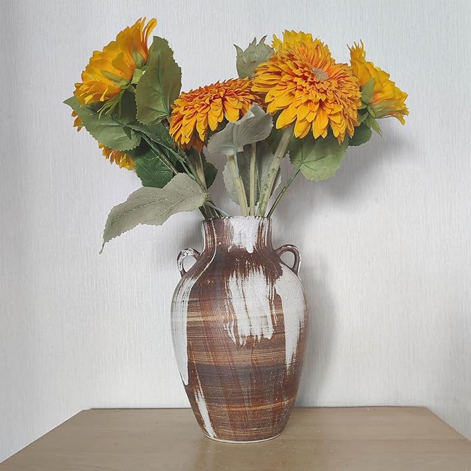 Rustic Pottery Vase - 10" Handmade Brown and White Farmhouse Vase with Handle, Unique Boho vase, Decorative Neutral Vases Home Decor, Vintage Ceramic Flower vases for Living Room, Kitchen Decor