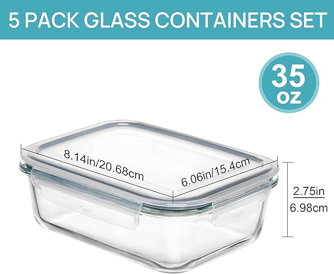 Vtopmart 5 Pack 35oz Glass Food Storage Containers with Lids, Meal Prep Containers, Airtight Reusable Lunch Container Set, Safe for Oven, Microwave, Freezer, and Dishwasher