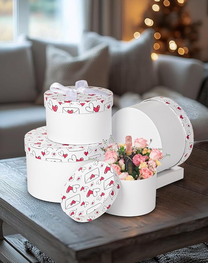 Luxury Round Nested Gift Boxes with Lids (Set of 4) – Reusable Sturdy Cardboard Gift Box Set for Birthdays, Weddings, Anniversaries, Christmas, and Valentine’s Day – White & Red