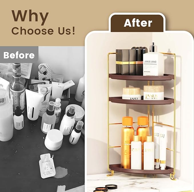 3-Tier Corner Bathroom Organizer Countertop for Storage，Counter Tray and Vanity Organizer，Plastic Counter Organizer for Kitchen, Bathroom, Dresser 10.6 inches (Gold Brown)