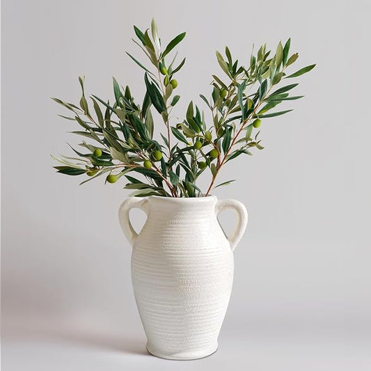 Sunddo White Ceramic Vase for Home Decor, 8 inch Farmhouse Flower Vase with 2 Handles, Rustic Boho Pottery for Room Decor Aesthetic, Bathroom Table Fireplace Decorative