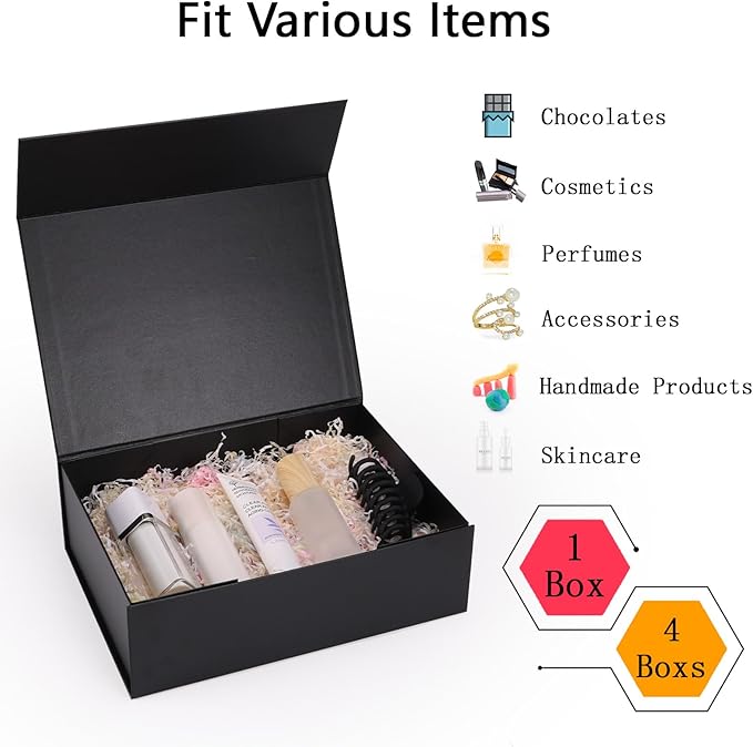 11x8x3.5 Inches Gift Box with Magnetic Closure Lid, Black Magnetic Boxes for Wedding, Groomsmen Bridesmaid Proposal, Birthdays, Mother's Day, 1 Pack