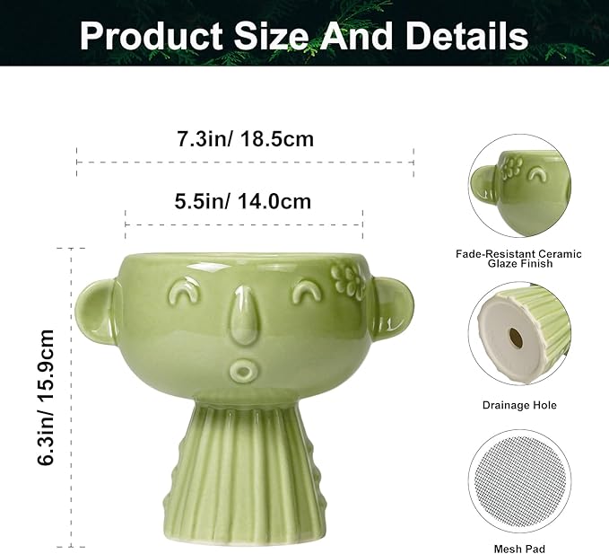 Face Planter Pot - 7 Inch Ceramic Head Planter for Indoor Plants Outdoor, Cute Succulent Flower Pots with Drainage Hole, Room Home Garden Decor, Gardening Gifts, Green