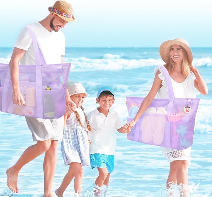 Tagitary Mesh Beach Bag with Zipper Large Beach Tote Waterproof Sandproof with 8 Pockets for Toys Pool Bag Beach Accessories
