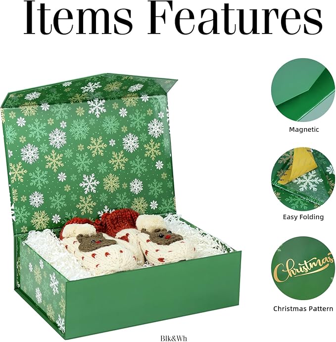 BLK&WH Christmas Gift Box 13.5x9x4.1 Inches, Green Large Collapsible Gift Box with Magnetic Lid (Green, Snowflake)