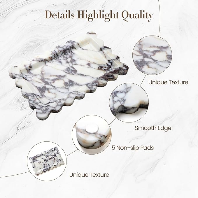 Calacatta Viola Natural Marble Tray, Scalloped Bathroom Tray, Luxury Decorative Trays for Bathroom, Vanity, Dresser, Kitchen & Home Decor, House Warming Gifts New Home (Rectangle,12x7.4 Inch)