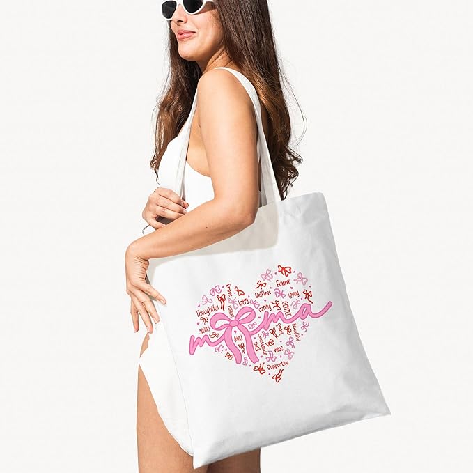 Pink Bow Mama Tote Bag, Practical Mother's Day/Birthday/Christmas Gift, Cute Canvas Bag, Reusable Shopping Bag for Mom, Grandma. (077)