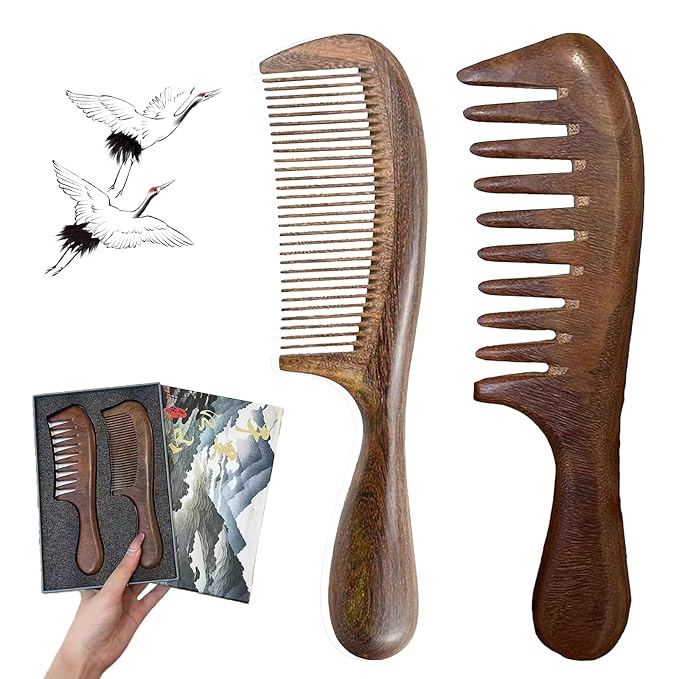 Letyvba Walnut Hair Comb, Wooden Comb for Women, Premium Antistatic Walnut 2-Piece Comb Set - Wide and Fine Tooth. For Women and Men with Curly, Wet, Long, Dry, or Thin Hair