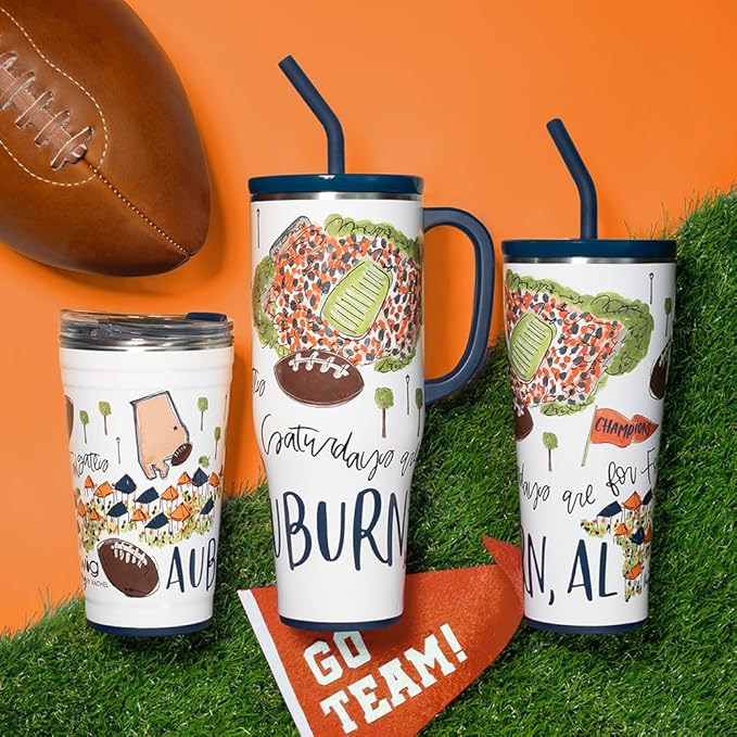 Swig Life 32oz Straw Tumbler, Travel Coffee Tumbler with Lid, Cup Holder Friendly Travel Coffee Mug, Stainless Steel, 32 oz Reusable Insulated Coffee Mug (Saturdays In Auburn)