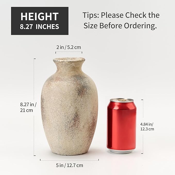 Ceramic Rustic Flower Vase, 8.27 Inch Vintage Pottery Home Decor, Antique Farmhouse Terracotta Vase for Living Room, Table, Shelf, Mantel Decoration, Farmhouse - Natural Brown