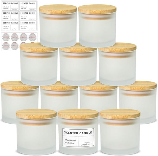 4oz Candle Jars 12 Pack- Frosted Bulk Small Glass Candle Jars with Bamboo Lids, with Stickers and Labels, Empty Candle Vessel for Making Candles Containers - Dishwasher Safe