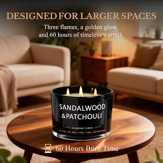Patchouli Amber Candle, Large 3 Wick 12oz Soy Candle for Home Scented, Luxury Elegant Jar Candle Gift for Women & Men, Long-Lasting Non-Toxic Burn 60+ Hours, Warm Earthy Aromatherapy Home Décor