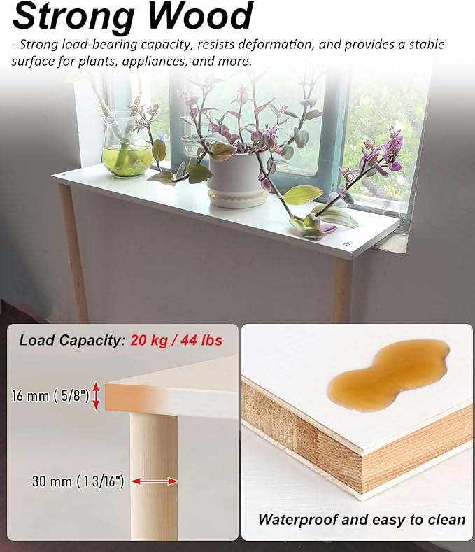 Cuttable Wooden Window Sill Extender Shelf - Space-Saving Plant Stand with Adjustable Legs, Window Ledge Extension Board (60x30x40cm / 24x12x16in)