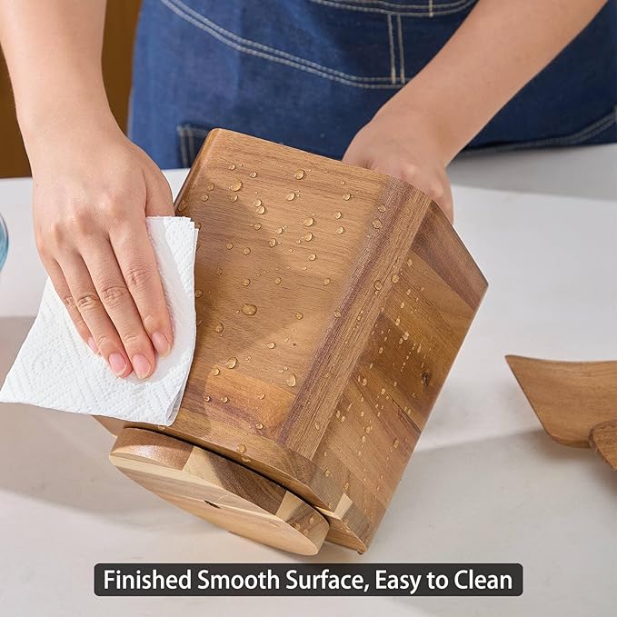 Wood Utensil Holder for Kitchen Counter, 360° Rotating Kitchen Utensil Holder, 7.2"x 6" Large Acacia Cooking Utensil Crock for Countertop (SQUARE)