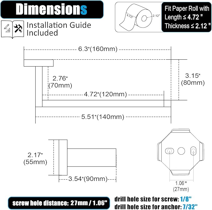 KOKOSIRI Toilet Paper Holders Wall Mounted Toilet Roll Holder for Bathrooms Hardware Washroom T-304 Stainless Steel, Matte Black and Gold B2003GDK