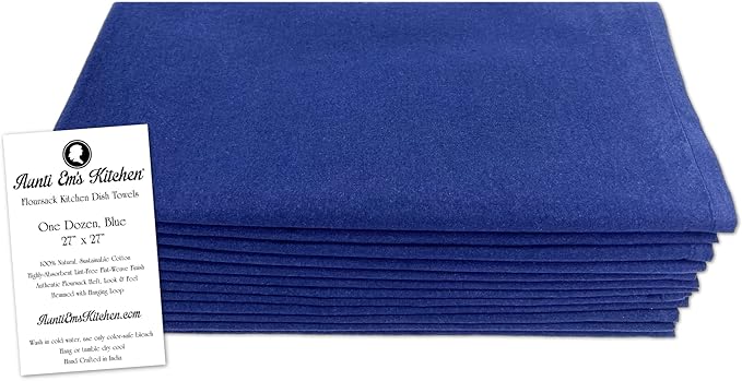 Aunti Em's Kitchen Flour Sack Dish Towels - Natural Cotton for Embroidery and Drying Glass, Hand, Dinnerware - Plain, Thick, Zero-Lint, Highly Absorbent - Set of 12, 27 x 27 Inch, Navy Blue