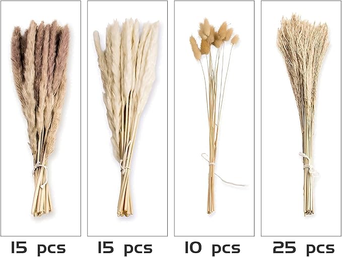 65PCS Pampas Grass Decor, Including pompas Floral, Reed Dried Grass and Bunny Tails Dried Flowers, Natural Dried Pampas Grass Bouquet for Boho Decor Wedding, Home Decoration