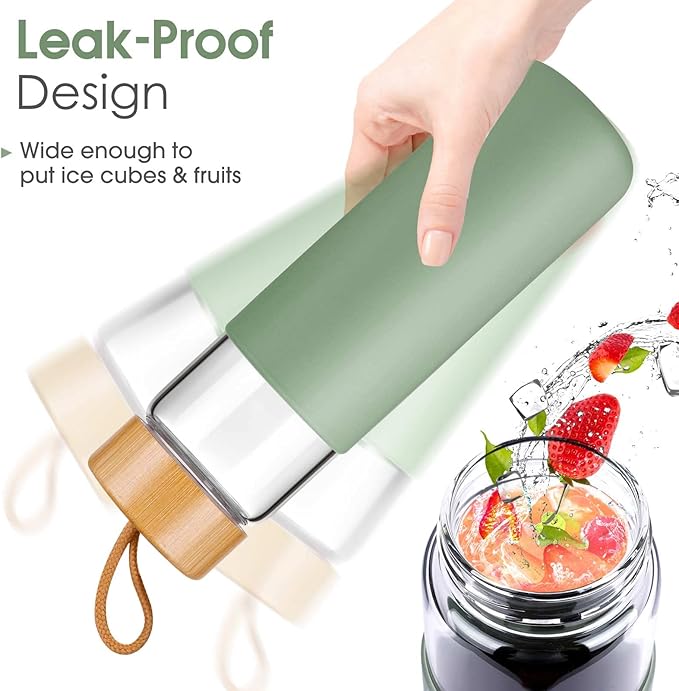 25 Oz Borosilicate Glass Water Bottles with Silicone Sleeve BPA Free, Dishwasher Safe - Reusable Clear Glass Drinking with Leak Proof Bamboo Lid | Perfect Gym Water Bottles for Men & Women