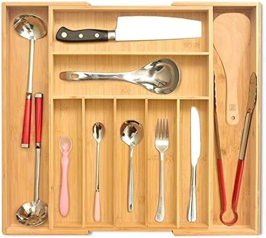 Signature Living Bamboo Expandable Utensil Drawer Organizer, Premium Bamboo for Cutlery, Flatware, Silverware - Drawer Dividers for Easy Storage (7-9 Slots)
